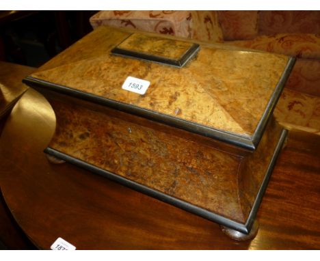 Large good quality Victorian burr elm sarcophagus shaped and part ebonised tea caddy, the hinged cover enclosing two caddies 