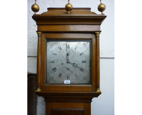 George III oak longcase clock, the square hood with a caddy top above rectangular door and plinth base, the silvered dial wit