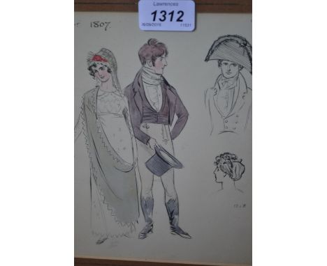 Ink and watercolour, costume or fashion design, inscribed and dated 1807 / 1808 together with a pencil drawing, portrait of B