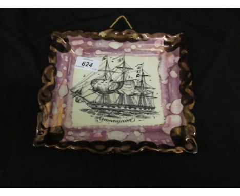 19th Century Sunderland pink lustre rectangular pottery dish printed with a three masted galleon