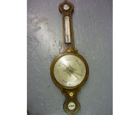 19th Century rosewood four glass wheel barometer having painted and gilded floral and bird decoration with silvered dials ins
