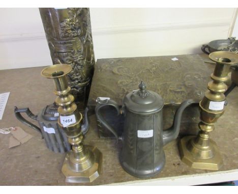 Pair of large brass knopped stem candlesticks, slipper box, brass stick stand and two Britannia metal teapots