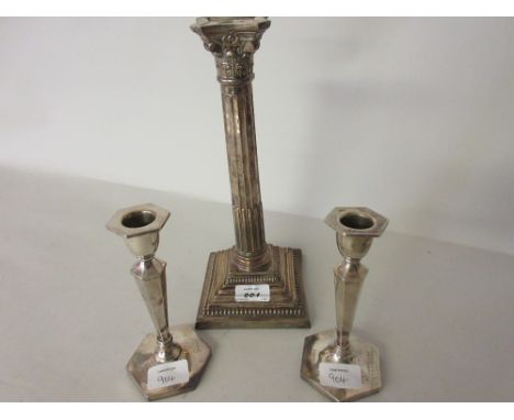 Birmingham silver Corinthian column candlestick (a/f) together with a pair of Sheffield silver hexagonal baluster form candle