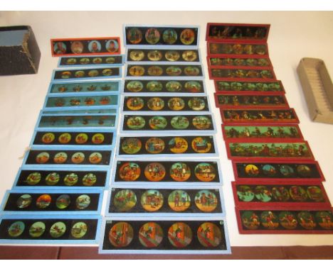 Quantity of various coloured magic lantern slides of nursery rhymes, comical scenes etc.