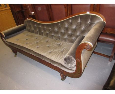 Regency mahogany and cut brass inlaid button upholstered scroll end chaise longue raised on turned fluted tapering supports w