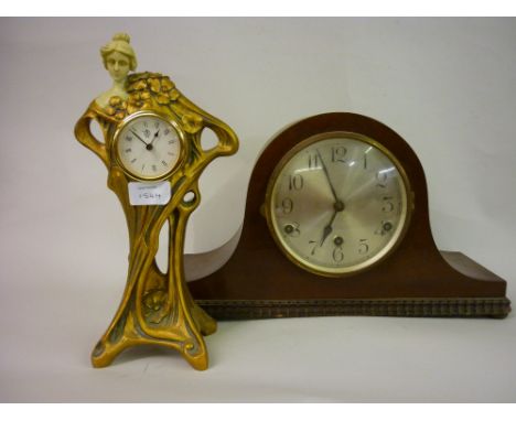 Mahogany cased dome top mantel clock with circular silvered dial, another similar oak cased dome top mantel clock and a moder