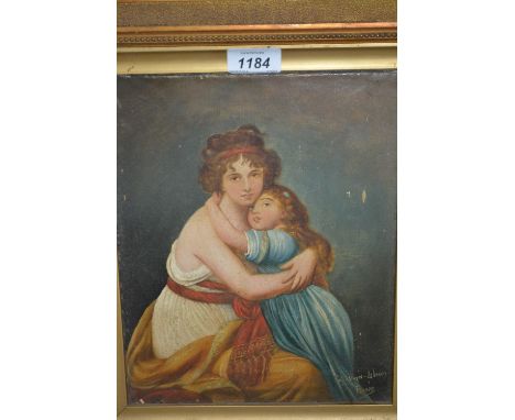 Early 20th Century oil on canvas, portrait of a mother and child, signed Vigee, 10ins x 8ins, gilt framed