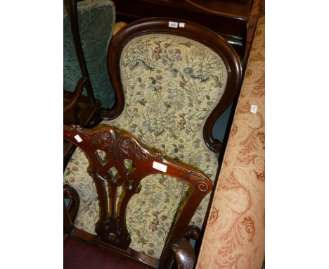 Victorian mahogany floral button upholstered spoon back elbow chair on cabriole front supports