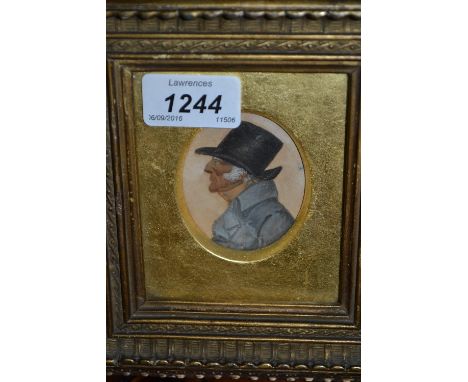 Gilt framed miniature portrait of a gentleman with a top hat, history verso