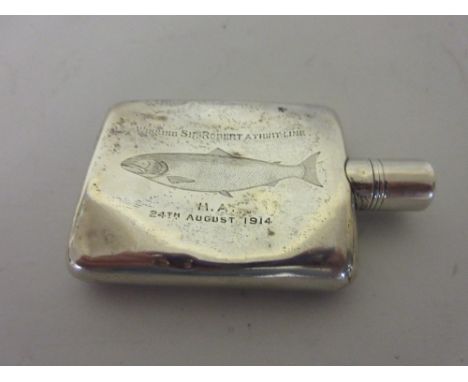 Samson Mordan, small silver hip flask engraved with a fish and inscribed ' Wishing Sir Robert a Tight Line, 1914 ' (a/f)