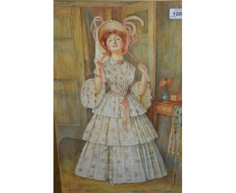 M. Asprey, signed watercolour, portrait of a young lady trying on a bonnet, 20ins x 13.5ins
