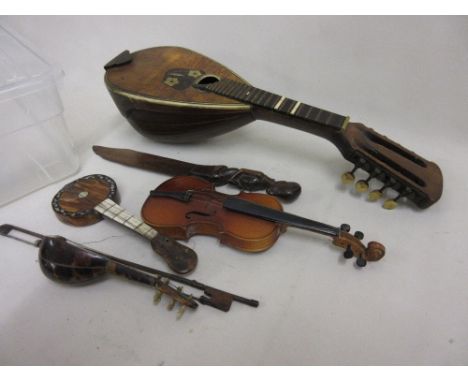 Miniature mandolin (a/f), two 19th Century model stringed instruments in tortoiseshell and a modern miniature model violin