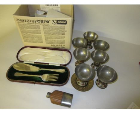 Cased pair of plated fish servers, pewter hip flask and a quantity of Benares brass ware together with two part canteens of p