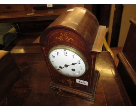 Edwardian mahogany and marquetry inlaid mantel clock with enamel dial and two train movement