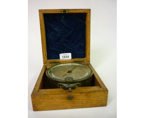 H. Hughes, brass cased ship's barometer with silvered dial and thermometer, the oak box mounted with plaque inscribed ' Thame