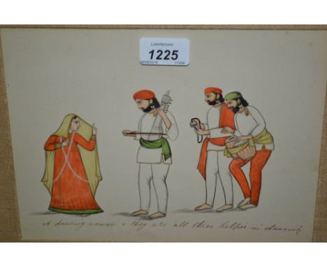 Indian Company school painting, portrait of a dancer with figures in attendance, 7.5ins x 10ins