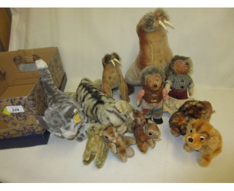 Collection of Steiff and other soft toys including: hedgehogs and walrus