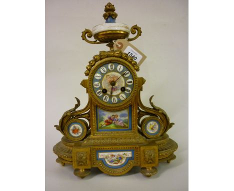 19th Century French gilt metal and porcelain mounted two train mantel clock (a/f)
