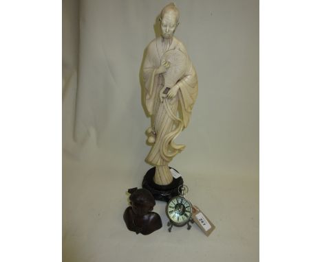 Box of various miscellaneous items to include bois noirci plaque, table globe clock, two Burmese carved figures and a Chinese