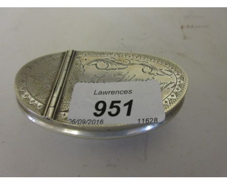 19th Century silver snuff box, the hinged curved lid with engraved floral decoration inscribed A. Filner, 1884