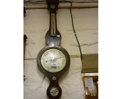 George III mahogany and line inlaid banjo shaped wheel barometer (damages and repairs)