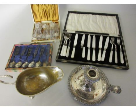 Silver plated on copper chamber stick, plated sauce boat, boxed set of Penang coffee spoons and two other cased sets of plate