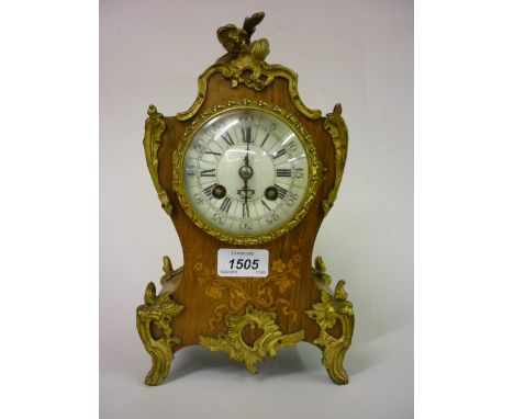 Late 19th or early 20th Century French rosewood and marquetry inlaid mantel clock with enamel dial, Arabic and Roman numerals