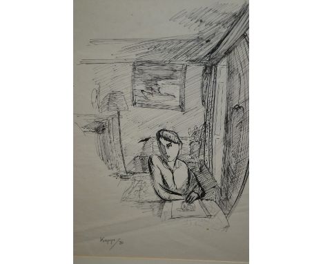 Helen Kapp, pen and ink self portrait, sketch of the artist seated at a table, signed and dated '31, 10.5ins x 8ins, framed