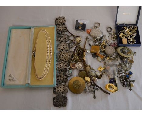 Quantity of costume jewellery, silver plate belt, silver fob watch etc