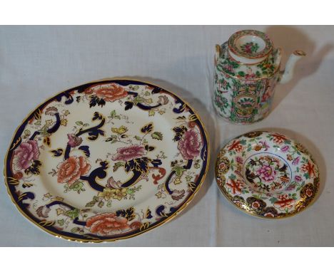 19th century Spode pin dish, Masons plate &amp; a Cantonese wine pot