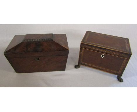 Wooden inlaid tea caddy with metal claw feet (missing interior lids) H 13 cm L 17.5 cm &amp; sarcophagus shaped tea caddy (af