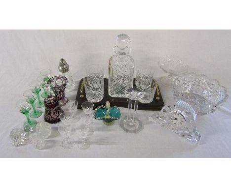 Box of assorted glassware inc presentation tray with decanter and tumblers, Galway clock and Marcaurel candlestick etc