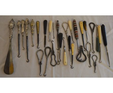 3 silver handled button hooks, shoe horn &amp; approximately 20 other button hooks