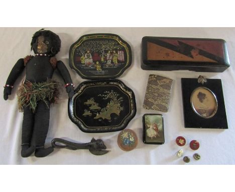Miniature portrait in frame, bull can opener, crocodile skin purse, glove box, badges, black doll etc