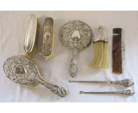 Selection of assorted silver dressing table items inc brushes, comb, mirror, button hook etc, assorted hallmarks