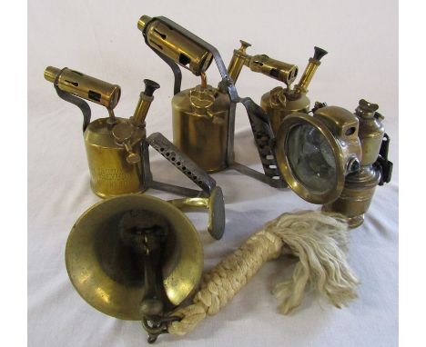 3 brass blow torches inc Optimus 406, brass cycle lamp (glass cracked) and brass bell