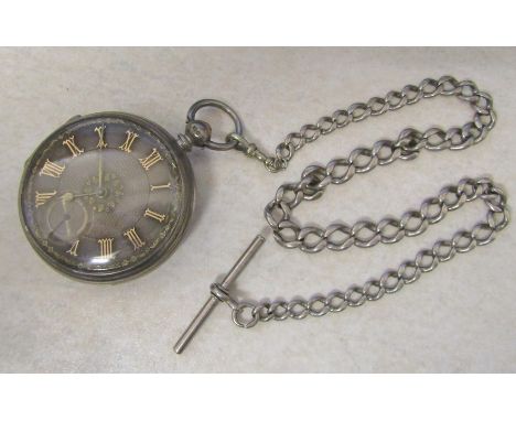 Victorian silver pocket watch with ornate silvered dial London 1877 together with silver fob chain (chain 36.3 g / 1.17 ozt) 