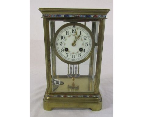 French late 19th century brass four glass mantel clock with enamel decoration, mercury pendulum, (one pane of glass has damag