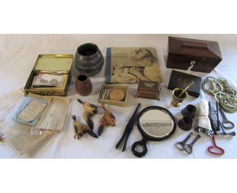 Selection of items inc tea caddy, brassware, coins, ephemera, wooden ducks by L Newbold, corkscrews etc