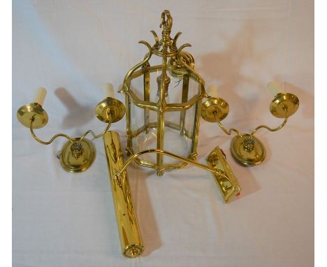 Brass ceiling light, 2 brass wall lights &amp; a picture light