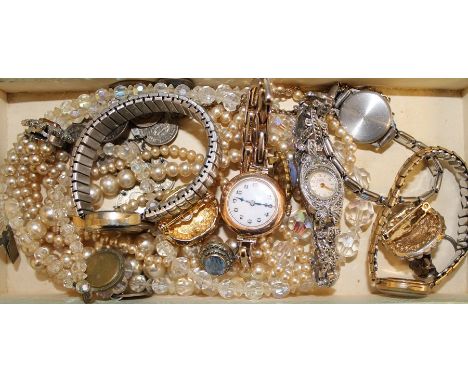 Selection of costume jewellery &amp; watches including marcasite cocktail watch &amp; 9ct gold ladies wristwatch (not strap)