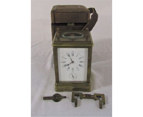 French brass repeater carriage clock signed Aiguilles no 11233 (handle needs reattaching) with travel case, engraved W R MacL
