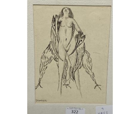 A Dominic Fels ink sketch of a nude woman and mystical bird figures, 26x21cm 