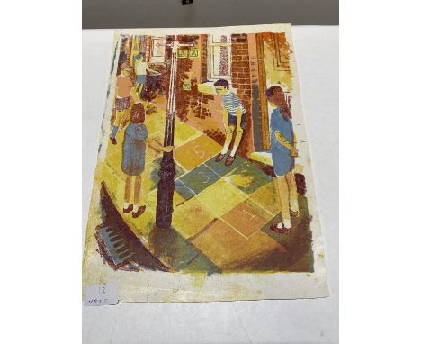 A A Winder proof coloured lithograph of children playing hop scotch dated 62, 40x28cm 