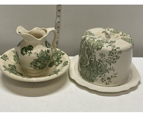 A large Crown Devon cheese bell and plate and Victorian jug and basin, shipping unavailable 