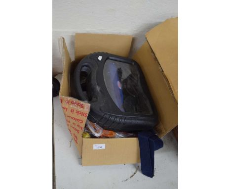 Box of mixed tools to include battery drill, wall plugs, Dremmel cutter etc