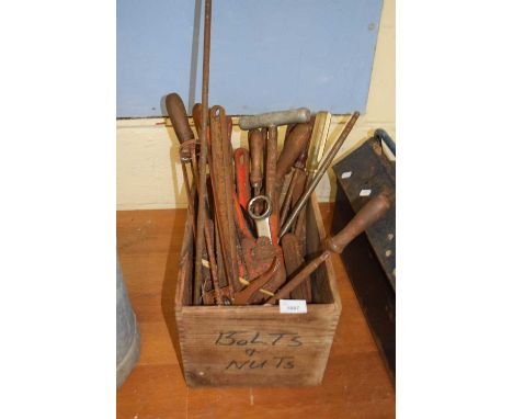 Vintage wooden crate including tools