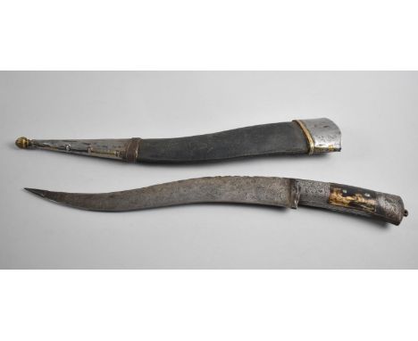 A Vintage North African/Middle Eastern Kindjal Dagger with Curved Blade Inscribed with Lion Hunting Antelope, Complete with S