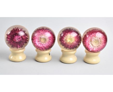A Set of Four Vintage Bakelite Globular Finials, Decorated Internally with Flowers, Each 8.5cms Long (One AF) 