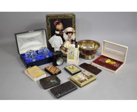 A Collection of Various Items to include Vintage Cards, Silver Plated Rose Bowl, Tins, Dolls Etc 